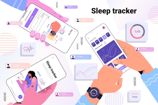 Personnes Utilisant Un Tracker D'application De Montre Intelligente électronique Sur La Main Qualité Et Quantité Concept De Contrôle Du Sommeil Illustration Vectorielle Horizontale