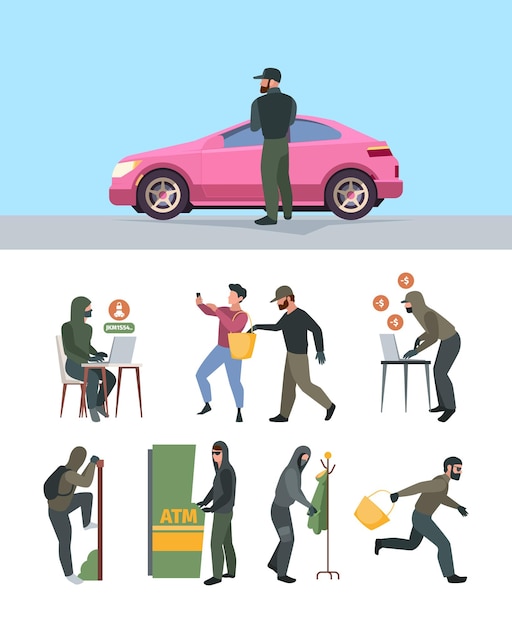 Personnes de vol qualifié mauvais effrayant et dangereux demandé voleurs sac à main victime cambriolage personnages pirates informatiques vecteur criard illustrations plates colorées isolées