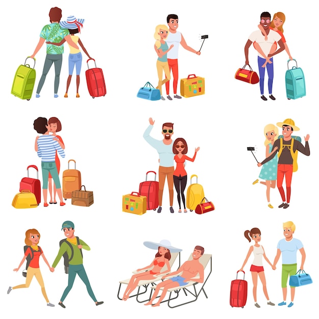 Vecteur personnes voyageant ensemble couple de famille avec bagages en vacances vecteur illustrations isolées sur un fond blanc