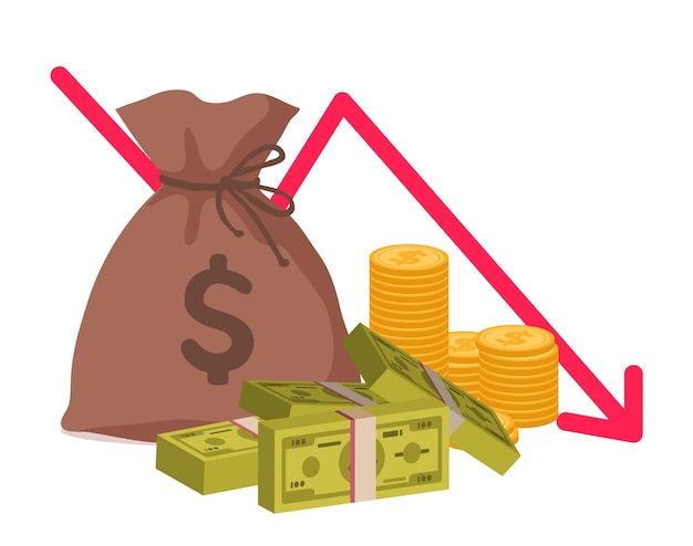 Perte D'argent Crise économique Ou Faillite Sac Avec Des Pièces Et Des Liasses De Billets De Banque Graphique Des Indicateurs Financiers En Baisse Investissement Illiquide Et Baisse Des Revenus Illustration Vectorielle