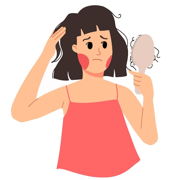 Vecteur perte de cheveux de femmes tristes tout en peignant ses cheveux illustration de stress
