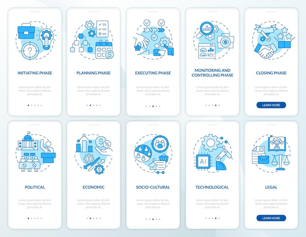 PESTLE dans l'ensemble d'écrans d'application mobile d'intégration bleu de gestion de projet