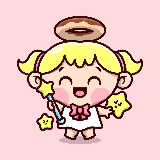 Petit Ange Blonde Mignon Avec Un Anneau De Donut Sur La Tête Et Tenant Un Conception De Personnage De Cartoon De Bâton Magique Star