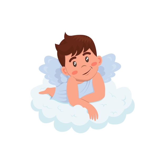 Le Petit Ange Mignon De Garçon Dans Le Style De Bande Dessinée Avec La Robe Bleue Et Le Halo D'or Se Trouve Sur Un Nuage