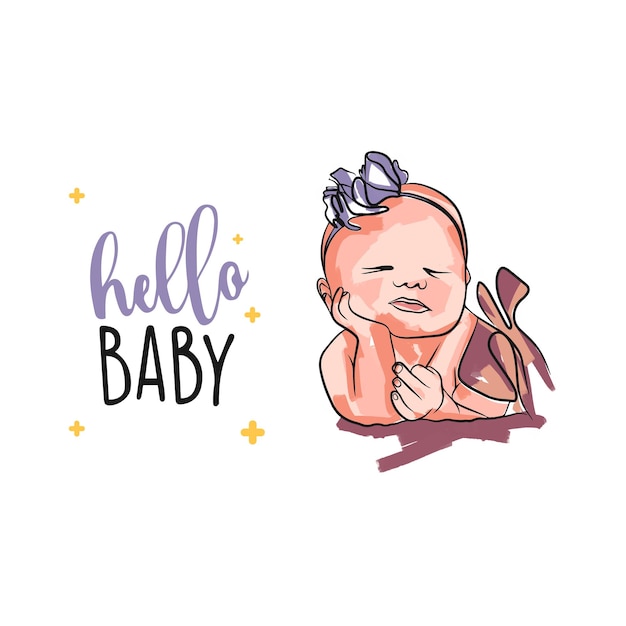 Petit Bébé Endormi Sur Carte Postale Nouveau-né Dans Un Style Doodle Bonjour Bébé