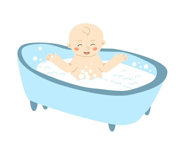 Le petit bébé prend un bain dans la baignoire bleue