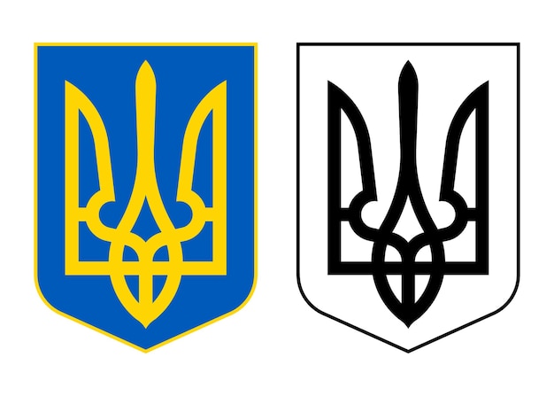 Petit blason armoiries de l'Ukraine Bouclier bleu avec un trident d'or Couleur et variantes en noir et blanc des armoiries de l'Ukraine Illustration vectorielle