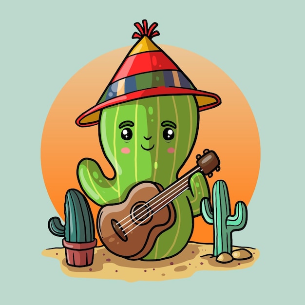 Vecteur petit cactus jouer de la guitare célébrer la festa junina