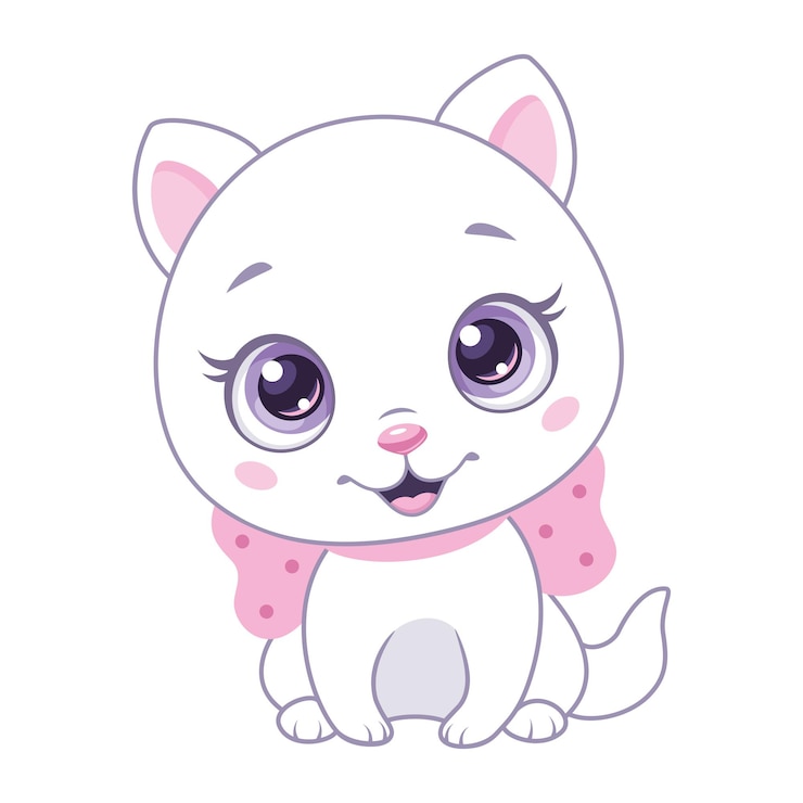 Vecteur petit chat blanc avec noeud rose assis sur fond blanc clipart vectoriel de dessin animé
