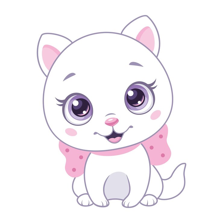 Vecteur petit chat blanc avec noeud rose assis sur fond blanc clipart vectoriel de dessin animé