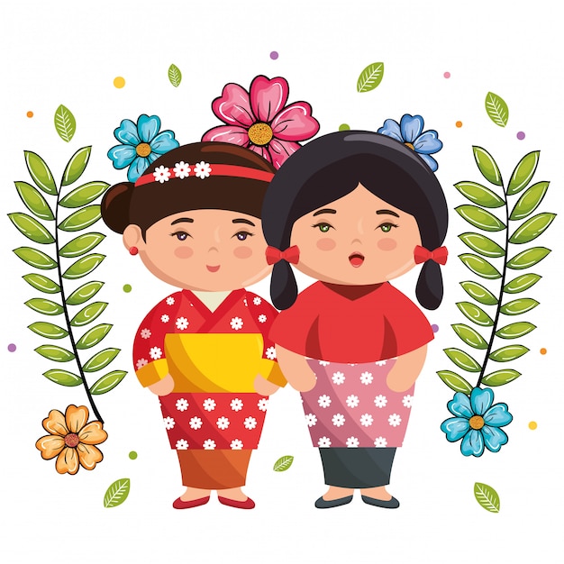 Petit Couple Japonais Filles Kawaii Avec Des Personnages De Fleurs