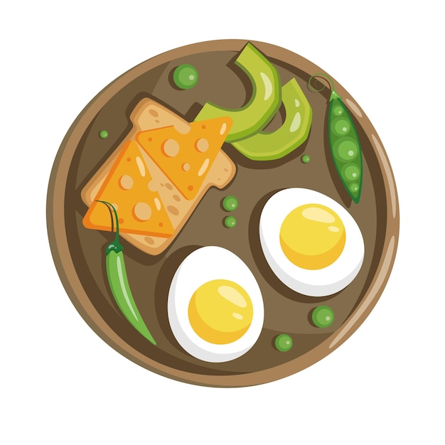 Vecteur petit-déjeuner sur assiette œufs durs avec tomate avocat tranche de pain et herbes