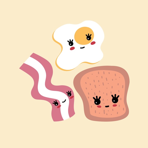 Petit-déjeuner Kawaii Bacon œufs Brouillés Et Toasts Dessinés à La Main Sur Un Fond Isolé Produits Mignons éléments Décoratifs Vectoriels