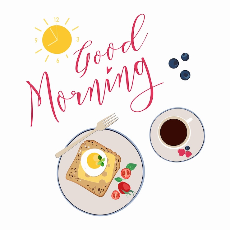 Vecteur petit-déjeuner matinal vectoriel avec une tasse de café, des œufs brouillés, du fromage, des tomates et des toasts