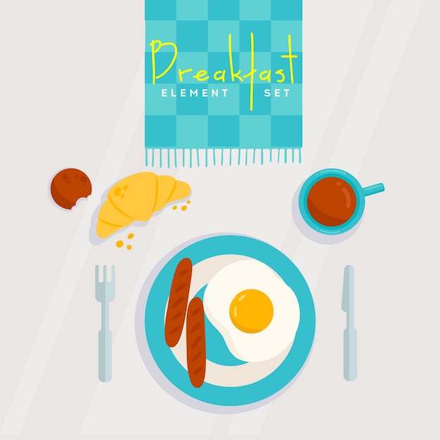 Petit-déjeuner avec œuf et saucisse et café mag croissant et biscuit