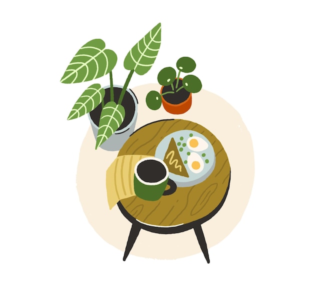 Vecteur petit déjeuner sur table basse en bois. déjeuner avec tasse à thé, sandwich, œufs sur assiette et plantes d'intérieur. branche du matin confortable avec pain grillé et expresso. illustration vectorielle plane isolée sur fond blanc.