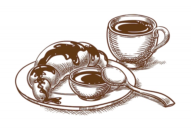 Vecteur petit-déjeuner avec une tasse de café et un croissant