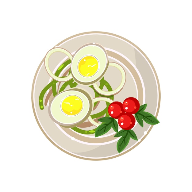 Vecteur petit-déjeuner avec des tomates cerises et des œufs durs servis. illustration vectorielle colorée