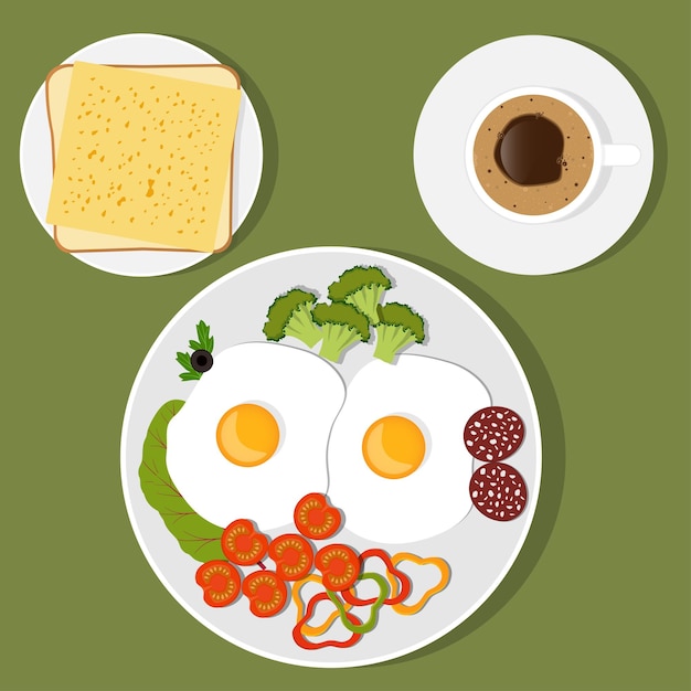 Vecteur petit-déjeuner traditionnel oeufs brouillés aux légumes et pain grillé à la saucisse avec fromage et café