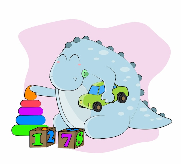 Vecteur petit dinosaure jouant avec des jouets en vecteur