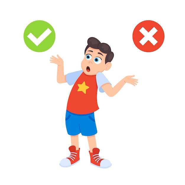 Petit doute garçon enfant entre le bien et le mal coche illustration vectorielle de style plat design