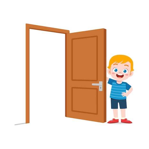 Petit Enfant Debout Et Tenant Le Bouton De Porte