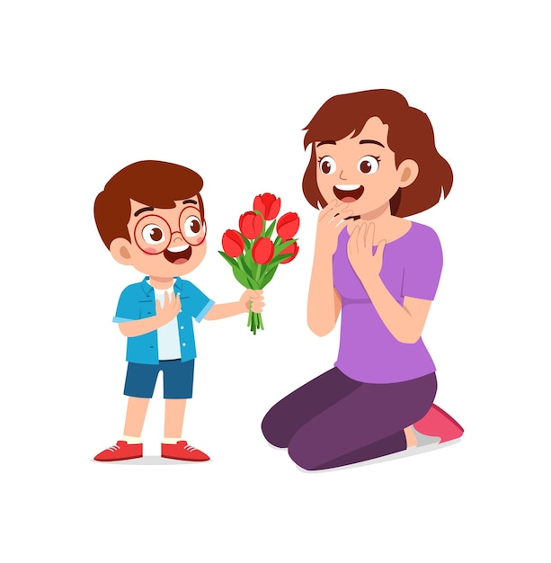 Petit enfant donne une fleur à sa mère