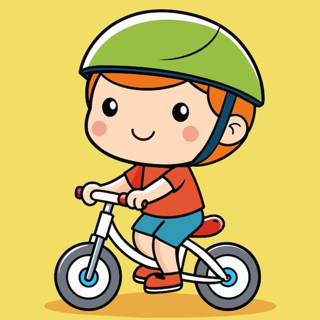 Le petit enfant fait du vélo et porte un casque.