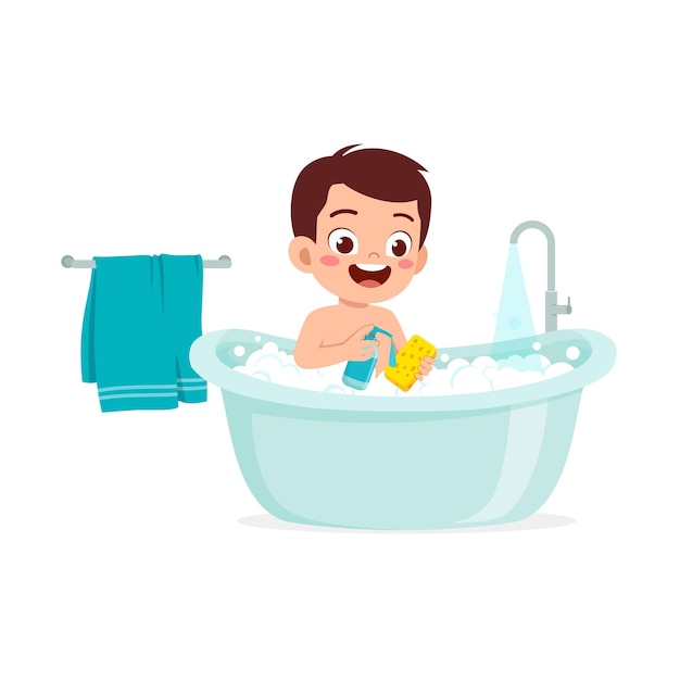 Petit Enfant Prend Un Bain Dans La Baignoire