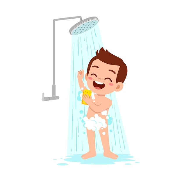 Vecteur petit enfant prendre une douche et se laver le corps