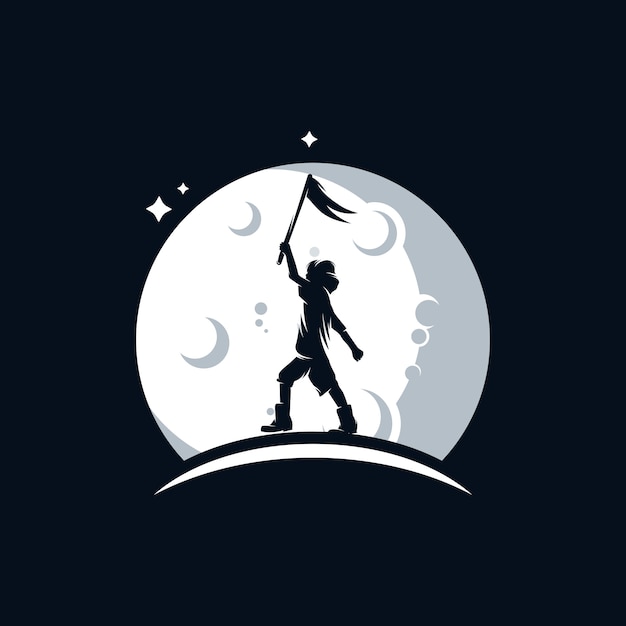 Petit Enfant Tient Un Drapeau Sur Le Logo De La Lune