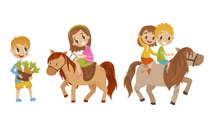 Vecteur petit gamin qui nourrit ses chevaux de carottes et qui est assis à cheval.