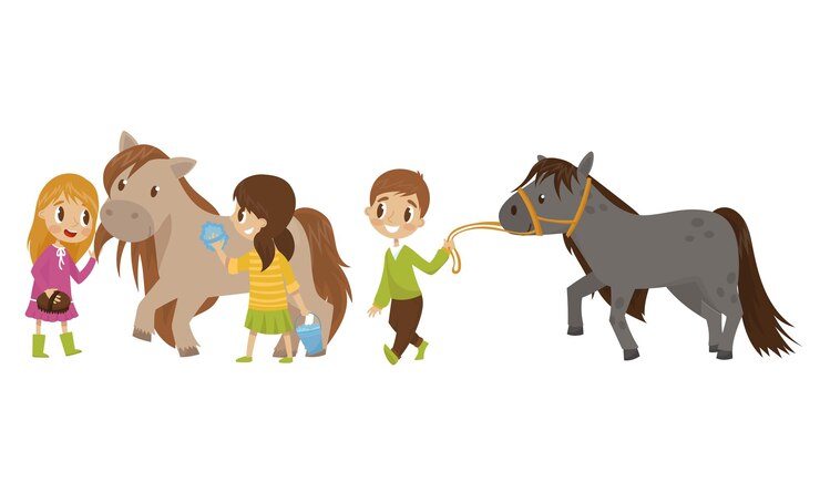 Vecteur petit gamin qui s'occupe de ses chevaux, se lave avec une éponge et marche avec elle.