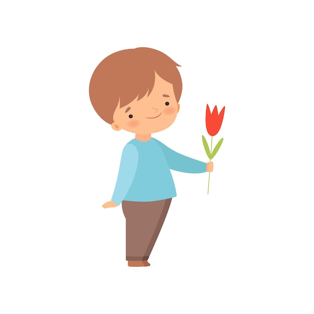 Petit Garçon Adorable Donnant Une Fleur De Tulipe Rouge Illustration Vectorielle De Dessin Animé Sur Fond Blanc