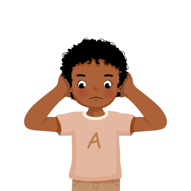 Vecteur petit garçon africain n'écoute pas se brancher et se couvrir les oreilles avec les doigts d'un son fort et bruyant