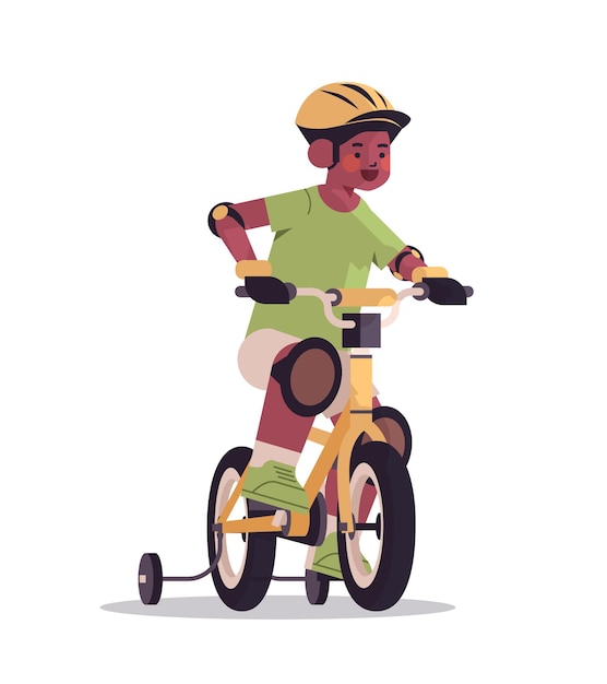 Vecteur petit garçon afro-américain en casque équitation vélo enfance concept pleine longueur isolé illustration vectorielle verticale