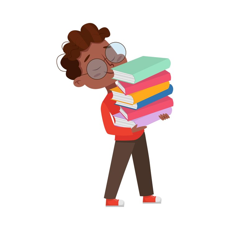 Vecteur petit garçon afro-américain intelligent avec des lunettes qui porte une pile de livres éducation et connaissance concept illustration vectorielle de style dessin animé