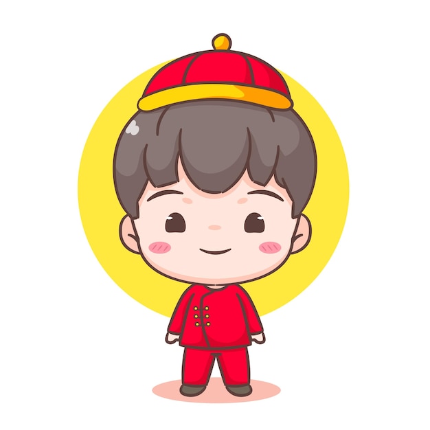 Vecteur petit garçon célèbre le nouvel an chinois illustration de dessin animé personnage de chibi dessiné à la main concept de vacances