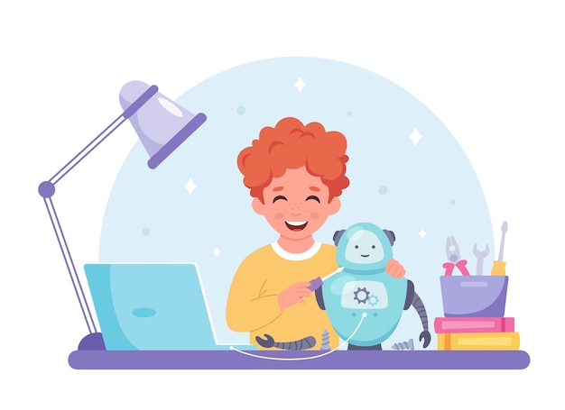 Petit garçon créant un robot Programmation et ingénierie robotique pour les enfants
