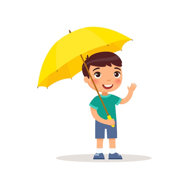 Petit Garçon Debout Sous Un Parapluie. Illustration Vectorielle Sur Fond Blanc, Style Cartoon