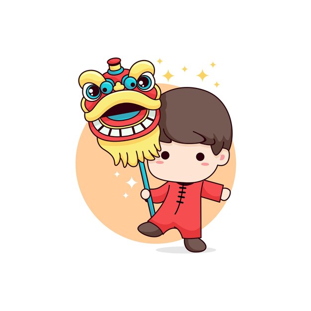 Vecteur petit garçon de dessin animé jouant à la danse du lion célébrant le nouvel an chinois