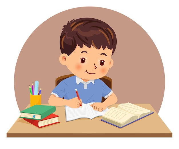 Petit garçon à faire ses devoirs en lisant et en écrivant sur son bureau Illustration vectorielle
