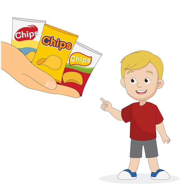 petit garçon, illustration, manger, pommes chips