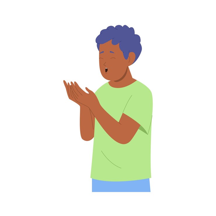 Vecteur un petit garçon isolé, un personnage de dessin animé montrant une posture de prière ressentant la paix et l'émotion positive