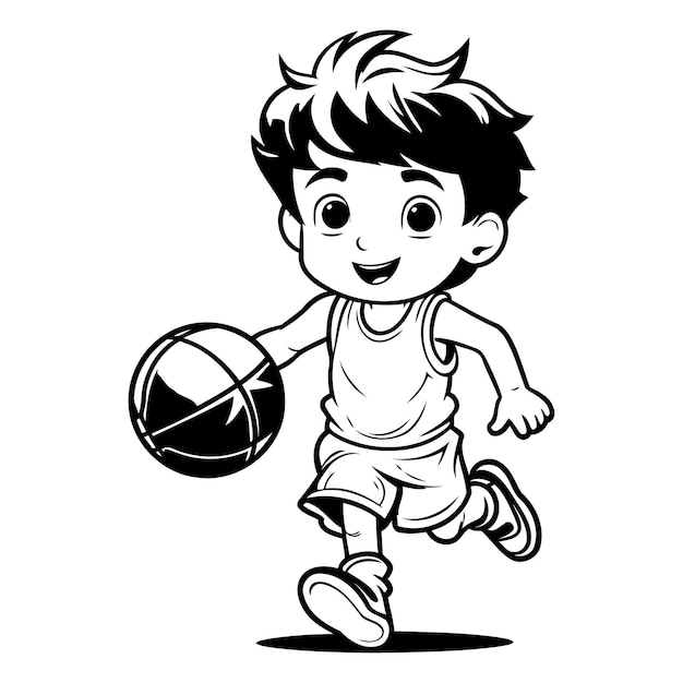 Petit garçon jouant au basket-ball Vector d'illustration de dessins animés en noir et blanc