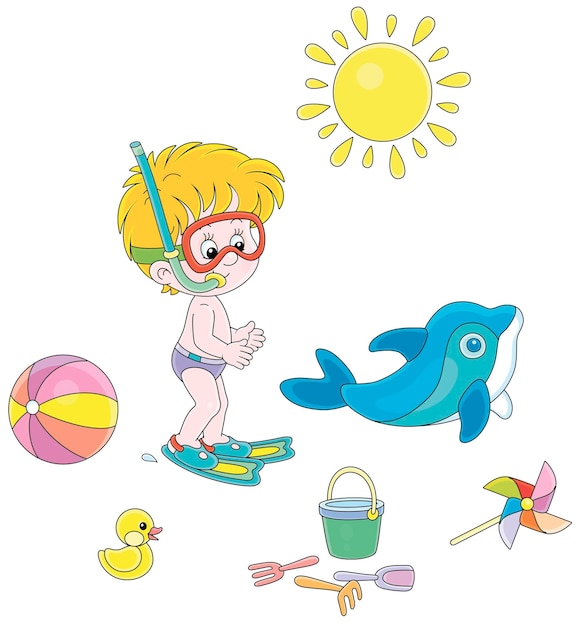 Petit Garçon Avec Un Masque De Plongée Palmes Un Tuba Et Un Ensemble De Jouets De Plage Pour Les Vacances D'été