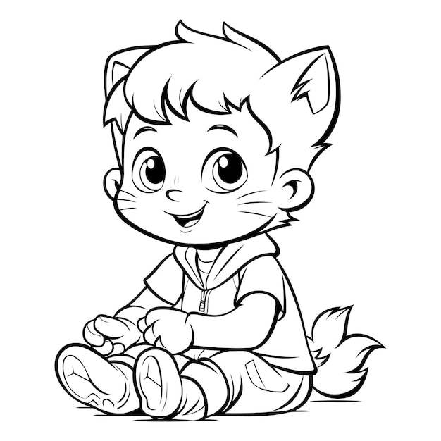 Vecteur petit garçon mignon assis illustration de dessin animé en noir et blanc