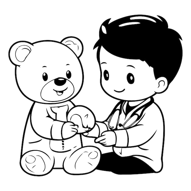 Petit Garçon Mignon Jouant Au Docteur Avec Un Ours En Peluche Illustration Vectorielle