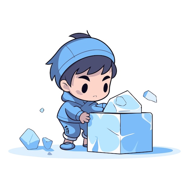 Vecteur petit garçon mignon jouant avec un cube de glace illustration de dessin animé vectoriel