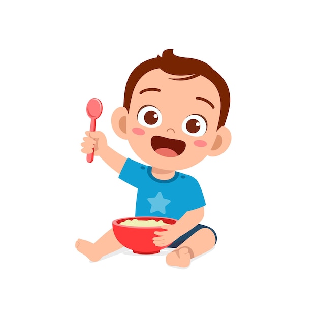 Le petit garçon mignon mange de la bouillie dans un bol avec une cuillère